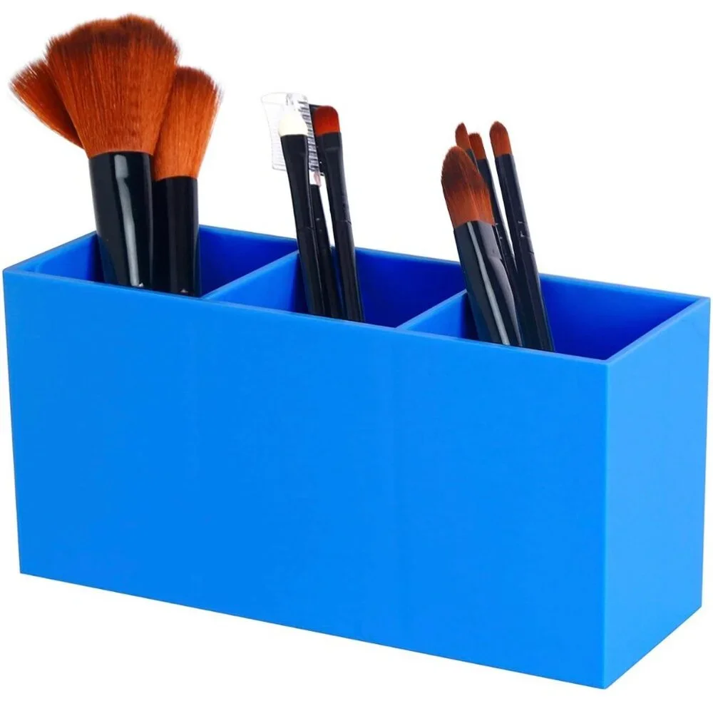 3-Compartment Blue Plastic Makeup Brush & Pen Holder Organizer